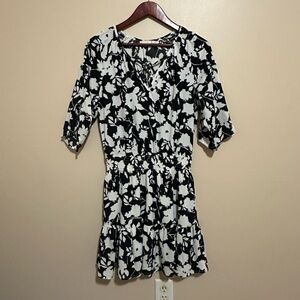 Black & White Floral Cinched-Waist Mini Dress